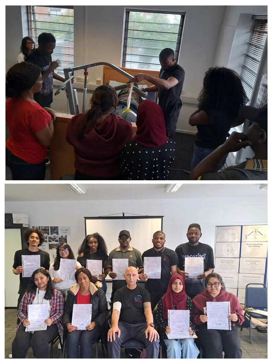 Learners practising with a hoist in a training session, and a group of learners holding their certificates